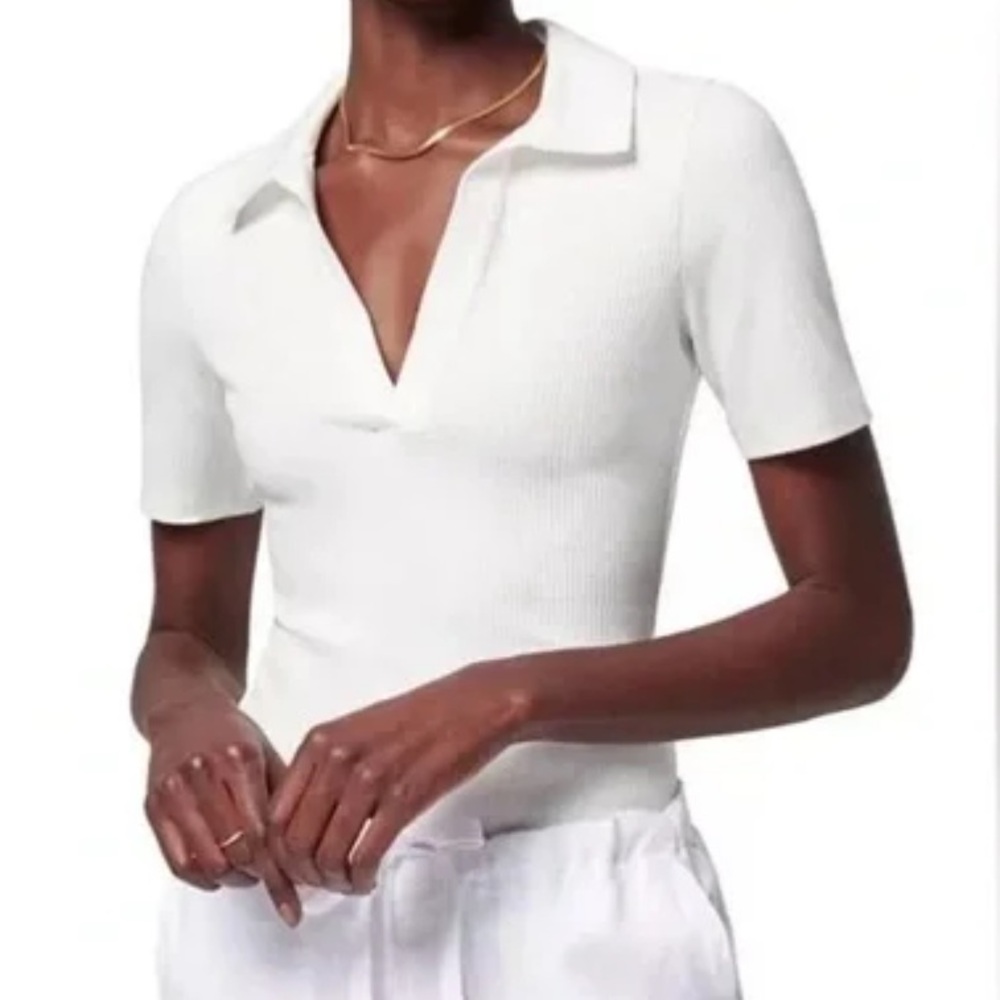 Faherty Brand White Ribbed Henley V-Neck Polo Bodysuit - Egret - Made in Turkey